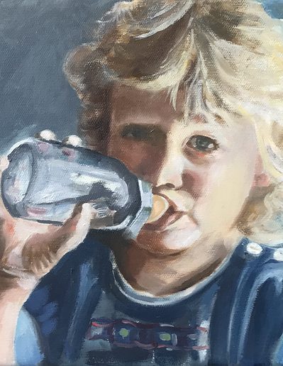 Kind und die Flasche, 24x30 cm, Öl auf Leinwand